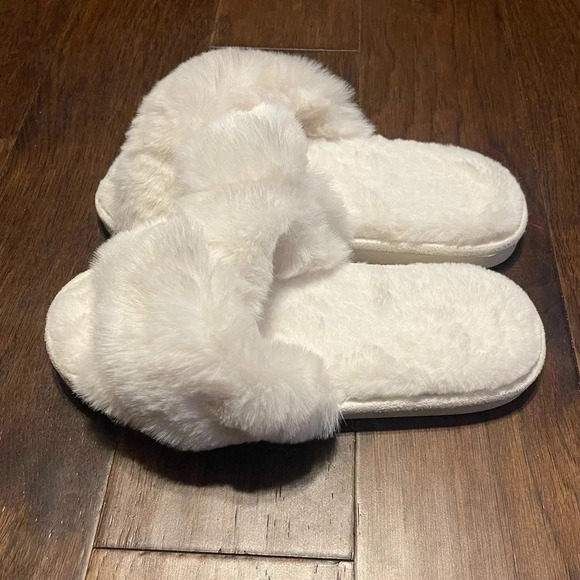 Comfy Slippers Memory Foam Cross Band Open Toe Fuzzy Slides House Shoes - Picture 4 of 9